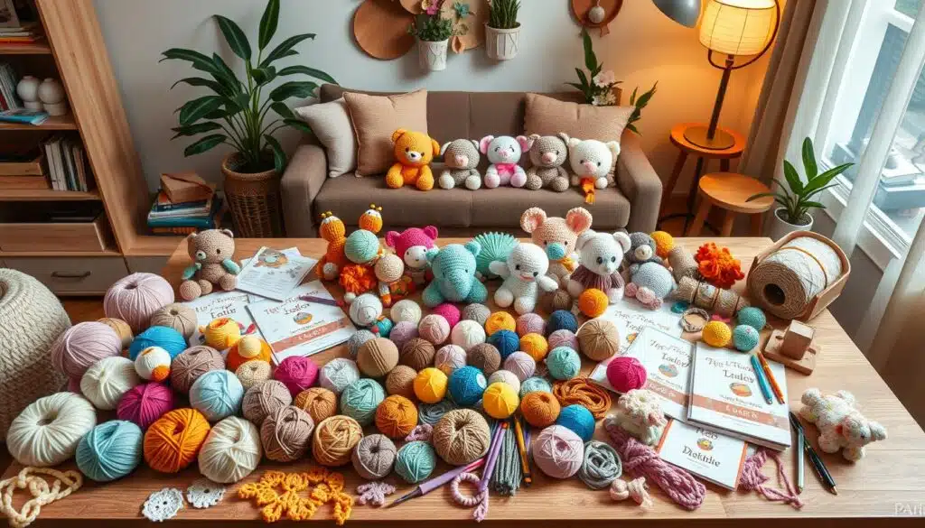 A beautifully arranged collection of colorful crochet kits spread across a stylish crafting table. In the foreground, a vibrant assortment of yarn balls in pastel shades and earthy tones, alongside a variety of crochet hooks and patterns. In the middle, various finished amigurumi creations, such as cute animals and whimsical shapes, display the potential of combined kits. The background features a cozy crafting nook adorned with soft lighting, warm wood accents, and perhaps a potted plant, creating an inviting atmosphere. The image should be taken from a slight overhead angle to capture all elements in detail, emphasizing the joy of crafting. The mood is cheerful and inspiring, encouraging creativity and exploration. A beautifully arranged collection of colorful crochet kits spread across a stylish crafting table. In the foreground, a vibrant assortment of yarn balls in pastel shades and earthy tones, alongside a variety of crochet hooks and patterns. In the middle, various finished amigurumi creations, such as cute animals and whimsical shapes, display the potential of combined kits. The background features a cozy crafting nook adorned with soft lighting, warm wood accents, and perhaps a potted plant, creating an inviting atmosphere. The image should be taken from a slight overhead angle to capture all elements in detail, emphasizing the joy of crafting. The mood is cheerful and inspiring, encouraging creativity and exploration.