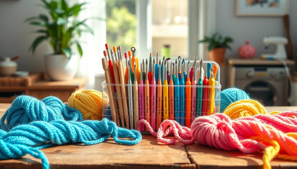 A beautifully arranged crochet hook set displayed on a rustic wooden table, showcasing various colorful hooks made of bamboo, aluminum, and plastic, neatly organized in a clear storage case. In the foreground, a selection of vibrant yarn skeins in assorted colors—pastel pink, bright blue, sunny yellow—are artistically draped around the hooks, creating a lively contrast. The middle section of the image features the crochet hooks neatly labeled with different sizes, emphasizing their variety for different skill levels. In the background, soft natural lighting streams in through a window, casting gentle shadows and enhancing the cozy atmosphere of a crafting space, complete with a potted plant and a small sewing kit. The overall mood is inviting and inspiring, perfect for crochet enthusiasts. A beautifully arranged crochet hook set displayed on a rustic wooden table, showcasing various colorful hooks made of bamboo, aluminum, and plastic, neatly organized in a clear storage case. In the foreground, a selection of vibrant yarn skeins in assorted colors—pastel pink, bright blue, sunny yellow—are artistically draped around the hooks, creating a lively contrast. The middle section of the image features the crochet hooks neatly labeled with different sizes, emphasizing their variety for different skill levels. In the background, soft natural lighting streams in through a window, casting gentle shadows and enhancing the cozy atmosphere of a crafting space, complete with a potted plant and a small sewing kit. The overall mood is inviting and inspiring, perfect for crochet enthusiasts.
