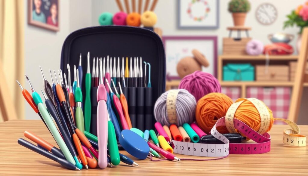 A beautifully arranged display of interchangeable crochet hook sets, featuring an assortment of vibrant and ergonomic hooks in various sizes, neatly organized in a compact travel case. In the foreground, highlight a close-up of the crochet hooks, showcasing their unique materials and textures, with soft, diffused lighting to emphasize their colors and details. In the middle, include a partially open case with slots for each hook, alongside colorful yarn skeins and a measuring tape. The background features a cozy crafting space, complete with a well-lit table and decorative yarn storage, creating an inviting and creative atmosphere. Use a warm color palette to evoke a feeling of comfort and inspiration for crocheters of all skill levels. A beautifully arranged display of interchangeable crochet hook sets, featuring an assortment of vibrant and ergonomic hooks in various sizes, neatly organized in a compact travel case. In the foreground, highlight a close-up of the crochet hooks, showcasing their unique materials and textures, with soft, diffused lighting to emphasize their colors and details. In the middle, include a partially open case with slots for each hook, alongside colorful yarn skeins and a measuring tape. The background features a cozy crafting space, complete with a well-lit table and decorative yarn storage, creating an inviting and creative atmosphere. Use a warm color palette to evoke a feeling of comfort and inspiration for crocheters of all skill levels.