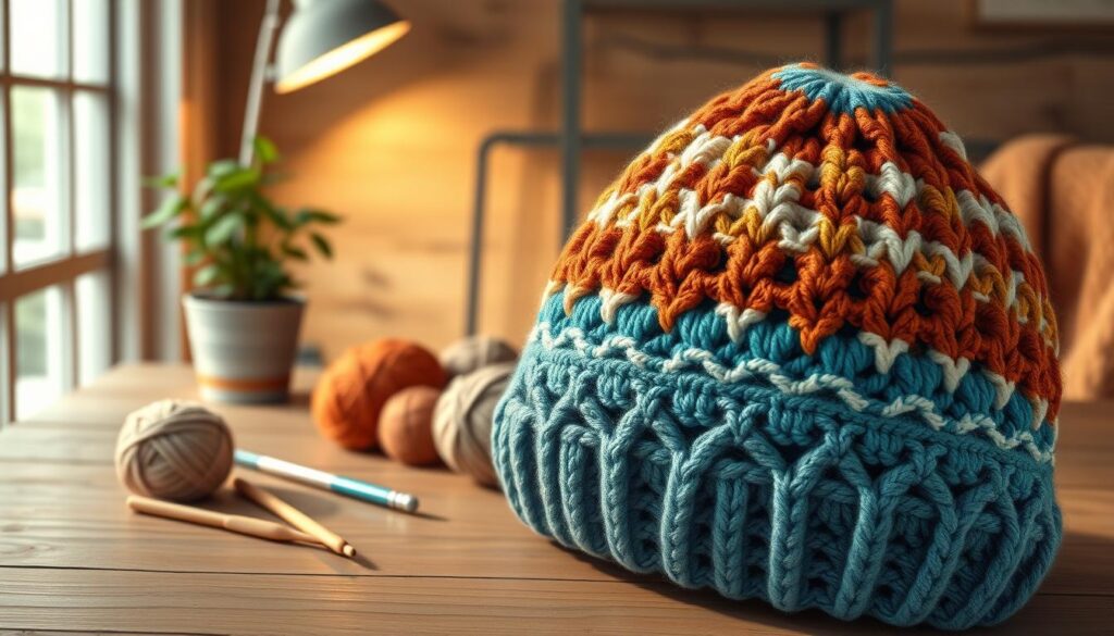 A beautifully crocheted rectangle beanie showcased prominently in the foreground, featuring a vibrant mix of colors like teal, burnt orange, and soft cream, highlighting the intricate stitch patterns. The beanie is slightly slouched, giving it a relaxed appearance. In the middle ground, a pair of crochet hooks and an assortment of yarn balls are artfully arranged, emphasizing the crocheting theme. The background is a cozy, softly lit workspace with a rustic wooden table, adorned with a simple potted plant and a warm knit blanket, creating a homely atmosphere. The lighting is gentle and diffused, casting subtle shadows and enhancing the textures. The overall mood evokes a sense of creativity and warmth, inviting viewers into the world of crochet. A beautifully crocheted rectangle beanie showcased prominently in the foreground, featuring a vibrant mix of colors like teal, burnt orange, and soft cream, highlighting the intricate stitch patterns. The beanie is slightly slouched, giving it a relaxed appearance. In the middle ground, a pair of crochet hooks and an assortment of yarn balls are artfully arranged, emphasizing the crocheting theme. The background is a cozy, softly lit workspace with a rustic wooden table, adorned with a simple potted plant and a warm knit blanket, creating a homely atmosphere. The lighting is gentle and diffused, casting subtle shadows and enhancing the textures. The overall mood evokes a sense of creativity and warmth, inviting viewers into the world of crochet.