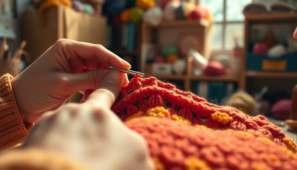 A close-up view of skilled hands carefully fixing brim holes on a vibrant crochet beanie, showcasing intricate stitches and textures. The foreground focuses on the crochet hook and yarn in rich, warm colors, with a slightly blurred background of a cozy, well-lit workspace filled with craft supplies like colorful skeins of yarn and tools. Soft, natural lighting illuminates the scene, creating a warm and inviting atmosphere. The composition should emphasize the attention to detail while maintaining a sense of urgency, reflecting the need for quick repairs. The overall mood is industrious yet calm, embodying a creative space where solutions are found swiftly. A close-up view of skilled hands carefully fixing brim holes on a vibrant crochet beanie, showcasing intricate stitches and textures. The foreground focuses on the crochet hook and yarn in rich, warm colors, with a slightly blurred background of a cozy, well-lit workspace filled with craft supplies like colorful skeins of yarn and tools. Soft, natural lighting illuminates the scene, creating a warm and inviting atmosphere. The composition should emphasize the attention to detail while maintaining a sense of urgency, reflecting the need for quick repairs. The overall mood is industrious yet calm, embodying a creative space where solutions are found swiftly.