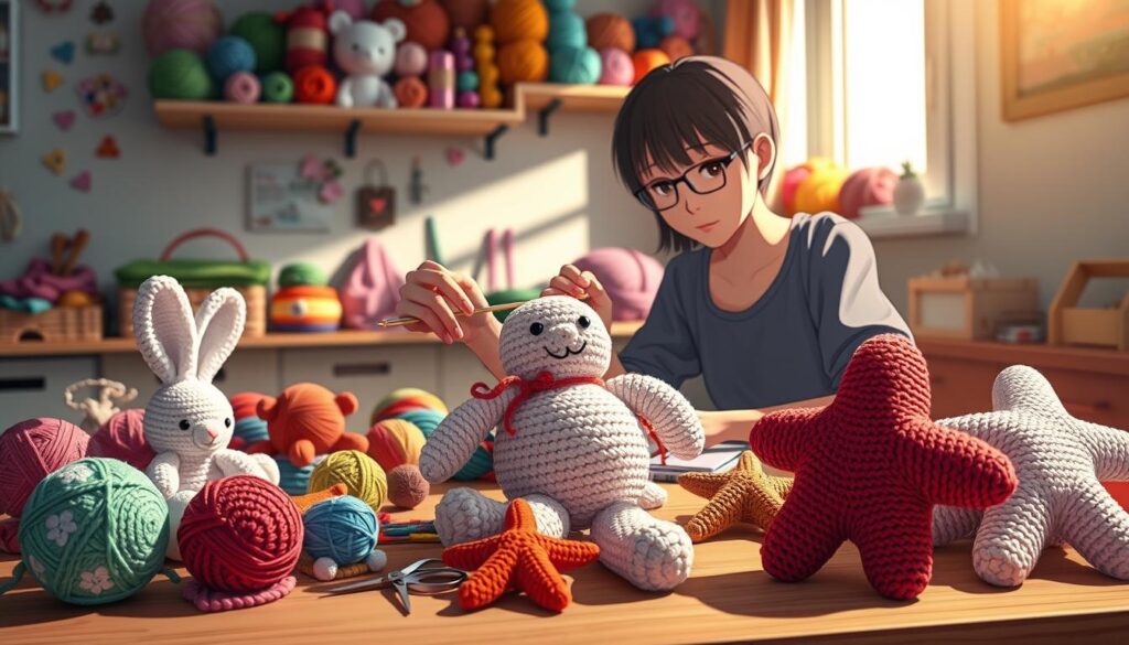 A cozy craft room scene featuring a table strewn with colorful, hand-crocheted amigurumi characters, including a bunny, a bear, and a starfish. In the foreground, a focused person, dressed in casual clothing, is examining the stitching of a slightly lopsided amigurumi plushie, holding a crochet hook in one hand and a colorful yarn ball in the other. The middle ground shows an array of crochet tools, like scissors and a yarn organizer. The background features a well-lit shelf adorned with finished amigurumi projects and vibrant skeins of yarn. Soft, natural lighting filters through a nearby window, casting gentle shadows, creating a warm, inviting atmosphere that emphasizes the creativity and problem-solving aspect of amigurumi crochet. A cozy craft room scene featuring a table strewn with colorful, hand-crocheted amigurumi characters, including a bunny, a bear, and a starfish. In the foreground, a focused person, dressed in casual clothing, is examining the stitching of a slightly lopsided amigurumi plushie, holding a crochet hook in one hand and a colorful yarn ball in the other. The middle ground shows an array of crochet tools, like scissors and a yarn organizer. The background features a well-lit shelf adorned with finished amigurumi projects and vibrant skeins of yarn. Soft, natural lighting filters through a nearby window, casting gentle shadows, creating a warm, inviting atmosphere that emphasizes the creativity and problem-solving aspect of amigurumi crochet.