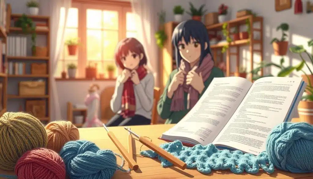A cozy craft scene showcasing a step-by-step guide to crocheting a scarf. In the foreground, place colorful yarn in neat skeins and a pair of wooden crochet hooks resting beside a partially made scarf. The middle layer features a well-lit workspace with a crochet pattern book open, detailed instructions visible, and a crafty beginner, a person in casual attire, holding the yarn and focusing on their work. The background includes soft natural light filtering through a window, illuminating a warm, inviting room filled with shelves of craft supplies and plants. The atmosphere is calm and creative, inspiring beginners to embark on their crocheting journey. A cozy craft scene showcasing a step-by-step guide to crocheting a scarf. In the foreground, place colorful yarn in neat skeins and a pair of wooden crochet hooks resting beside a partially made scarf. The middle layer features a well-lit workspace with a crochet pattern book open, detailed instructions visible, and a crafty beginner, a person in casual attire, holding the yarn and focusing on their work. The background includes soft natural light filtering through a window, illuminating a warm, inviting room filled with shelves of craft supplies and plants. The atmosphere is calm and creative, inspiring beginners to embark on their crocheting journey.