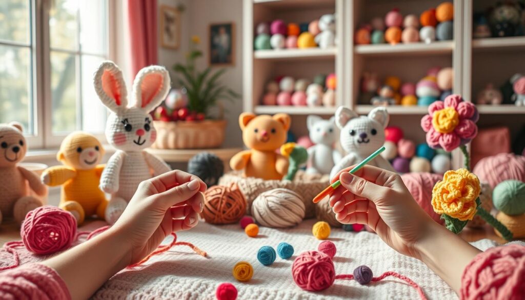 A cozy crafting scene featuring an array of no-sew amigurumi creations, vivid and charming, showcasing colorful yarn figures like a cute bunny, a smiling cat, and a happy flower. In the foreground, display a pair of hands skillfully assembling the yarn pieces without sewing, guided by brightly colored crochet hooks. The middle layer includes a soft, inviting blanket spread on a wooden table, with scattered yarn balls of various textures and shades. In the background, warm natural light filters through a window, illuminating a shelf filled with completed amigurumi projects. The atmosphere is creative and inspiring, inviting viewers to explore the world of no-sew amigurumi with a sense of ease and joy. A cozy crafting scene featuring an array of no-sew amigurumi creations, vivid and charming, showcasing colorful yarn figures like a cute bunny, a smiling cat, and a happy flower. In the foreground, display a pair of hands skillfully assembling the yarn pieces without sewing, guided by brightly colored crochet hooks. The middle layer includes a soft, inviting blanket spread on a wooden table, with scattered yarn balls of various textures and shades. In the background, warm natural light filters through a window, illuminating a shelf filled with completed amigurumi projects. The atmosphere is creative and inspiring, inviting viewers to explore the world of no-sew amigurumi with a sense of ease and joy.