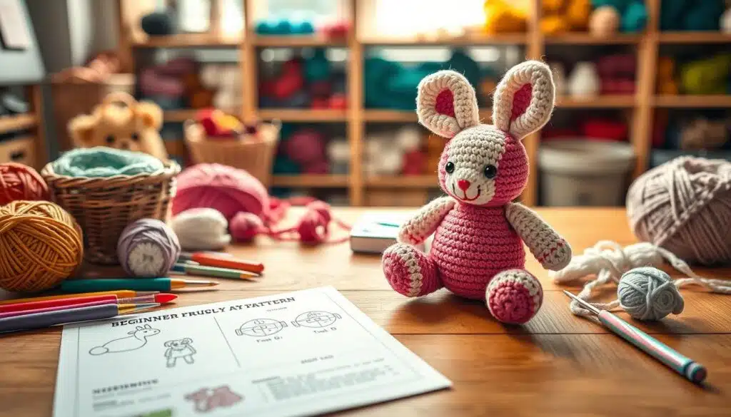 A cozy crafting space featuring a step-by-step mini amigurumi pattern spread across a wooden table. In the foreground, colorful yarn balls and crochet hooks organized neatly, with a beginner-friendly pattern illustrated beside a half-finished cute amigurumi bunny. In the middle, a soft-focus view of a half-finished stuffed animal, showcasing vibrant stitches and textures, emphasizes the joy of crafting. The background includes softly blurred shelves lined with various yarn colors and crafting supplies, creating an inviting atmosphere. The lighting is warm and natural, reminiscent of a sunny afternoon, which enhances the cozy and creative mood of the scene. Use a shallow depth of field to focus on the pattern and materials, evoking a sense of inspiration and joy for beginner crafters. A cozy crafting space featuring a step-by-step mini amigurumi pattern spread across a wooden table. In the foreground, colorful yarn balls and crochet hooks organized neatly, with a beginner-friendly pattern illustrated beside a half-finished cute amigurumi bunny. In the middle, a soft-focus view of a half-finished stuffed animal, showcasing vibrant stitches and textures, emphasizes the joy of crafting. The background includes softly blurred shelves lined with various yarn colors and crafting supplies, creating an inviting atmosphere. The lighting is warm and natural, reminiscent of a sunny afternoon, which enhances the cozy and creative mood of the scene. Use a shallow depth of field to focus on the pattern and materials, evoking a sense of inspiration and joy for beginner crafters.