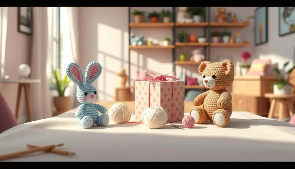 A cozy, inviting scene showcasing a beautifully crafted mini amigurumi in the foreground, featuring a cute, colorful bunny and a cheerful teddy bear, delicately placed on a soft, cream-colored fabric. In the middle, a stylish wooden table is adorned with pastel-colored yarn balls, tiny crochet hooks, and a whimsical gift box, wrapped in cheerful paper with a ribbon. In the background, a softly lit, pastel-toned room with decorative shelves filled with plush toys and plants adds warmth to the atmosphere. Gentle, natural light filters through a window, creating soft shadows and enhancing the tranquil, joyful mood suitable for a DIY crafting environment. The perspective is slightly angled to create depth, inviting viewers into a space of creativity and care. A cozy, inviting scene showcasing a beautifully crafted mini amigurumi in the foreground, featuring a cute, colorful bunny and a cheerful teddy bear, delicately placed on a soft, cream-colored fabric. In the middle, a stylish wooden table is adorned with pastel-colored yarn balls, tiny crochet hooks, and a whimsical gift box, wrapped in cheerful paper with a ribbon. In the background, a softly lit, pastel-toned room with decorative shelves filled with plush toys and plants adds warmth to the atmosphere. Gentle, natural light filters through a window, creating soft shadows and enhancing the tranquil, joyful mood suitable for a DIY crafting environment. The perspective is slightly angled to create depth, inviting viewers into a space of creativity and care.