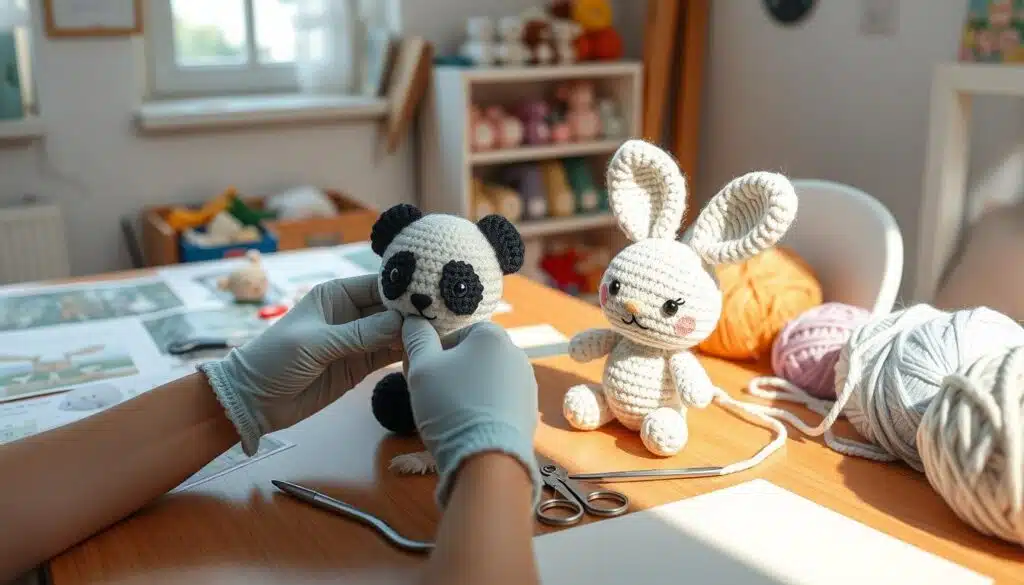 A cozy, well-lit craft room is the setting, with a wooden table filled with colorful amigurumi patterns and yarn in various shades. In the foreground, a pair of skilled hands, wearing light blue cotton gloves, is thoughtfully sewing two fluffy, crocheted animal shapes—an adorable panda and a cheerful bunny—together. Tools like scissors and a needle are neatly arranged around them, adding to the crafting ambiance. In the middle ground, a soft, pastel backdrop showcases a small shelf lined with finished amigurumi creatures, creating a whimsical atmosphere. Natural light filters through a nearby window, casting gentle shadows that highlight the intricate stitching. The mood is warm and inviting, capturing the essence of creativity and the joy of assembling cute amigurumi projects like a pro. A cozy, well-lit craft room is the setting, with a wooden table filled with colorful amigurumi patterns and yarn in various shades. In the foreground, a pair of skilled hands, wearing light blue cotton gloves, is thoughtfully sewing two fluffy, crocheted animal shapes—an adorable panda and a cheerful bunny—together. Tools like scissors and a needle are neatly arranged around them, adding to the crafting ambiance. In the middle ground, a soft, pastel backdrop showcases a small shelf lined with finished amigurumi creatures, creating a whimsical atmosphere. Natural light filters through a nearby window, casting gentle shadows that highlight the intricate stitching. The mood is warm and inviting, capturing the essence of creativity and the joy of assembling cute amigurumi projects like a pro.