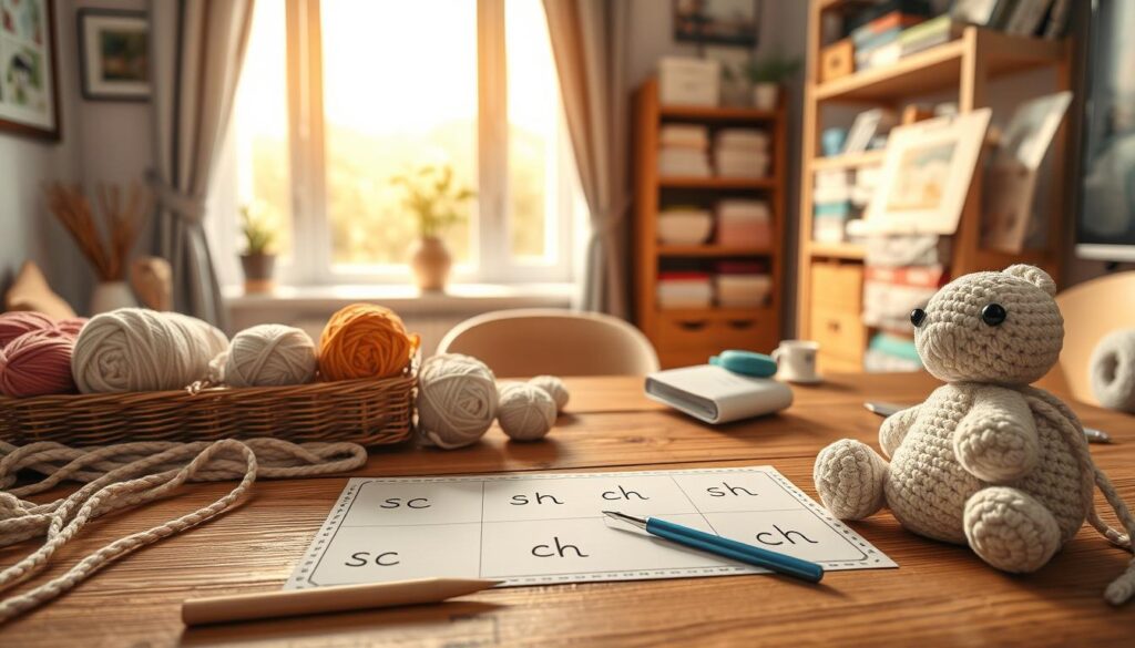 A cozy workspace featuring a beautifully organized amigurumi crafting area. In the foreground, a wooden table displays an array of colorful yarn skeins and a crochet hook, with a partially completed stuffed animal in soft pastel colors. The middle ground highlights a series of neatly handwritten amigurumi pattern abbreviations, like "sc" for single crochet and "ch" for chain, arranged on decorative paper. In the background, a serene window allows soft, warm natural light to stream in, illuminating the scene. The atmosphere is inviting and inspiring, perfect for beginners eager to dive into amigurumi. The camera angle is slightly above the table, capturing a flat lay view that emphasizes the crafting details and encourages creativity. A cozy workspace featuring a beautifully organized amigurumi crafting area. In the foreground, a wooden table displays an array of colorful yarn skeins and a crochet hook, with a partially completed stuffed animal in soft pastel colors. The middle ground highlights a series of neatly handwritten amigurumi pattern abbreviations, like "sc" for single crochet and "ch" for chain, arranged on decorative paper. In the background, a serene window allows soft, warm natural light to stream in, illuminating the scene. The atmosphere is inviting and inspiring, perfect for beginners eager to dive into amigurumi. The camera angle is slightly above the table, capturing a flat lay view that emphasizes the crafting details and encourages creativity.