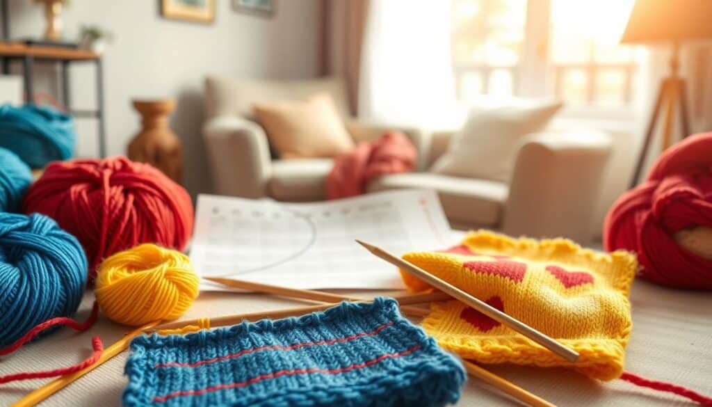 A cozy workspace featuring a colorful assortment of beginner colorwork knitting projects. In the foreground, a close-up of a knitting table adorned with vibrant yarn skeins in shades of blue, red, and yellow, alongside simple knitted swatches showcasing basic patterns like stripes and hearts. In the middle ground, a neat array of knitting needles and a beginner-friendly colorwork chart, partially rolled out, rests against a soft, textured fabric background. The background features a softly blurred, warm-lit room with a comfortable armchair and a window allowing gentle daylight to filter in, creating an inviting atmosphere. The mood is calm and encouraging, perfect for aspiring knitters embarking on their creative journey. A cozy workspace featuring a colorful assortment of beginner colorwork knitting projects. In the foreground, a close-up of a knitting table adorned with vibrant yarn skeins in shades of blue, red, and yellow, alongside simple knitted swatches showcasing basic patterns like stripes and hearts. In the middle ground, a neat array of knitting needles and a beginner-friendly colorwork chart, partially rolled out, rests against a soft, textured fabric background. The background features a softly blurred, warm-lit room with a comfortable armchair and a window allowing gentle daylight to filter in, creating an inviting atmosphere. The mood is calm and encouraging, perfect for aspiring knitters embarking on their creative journey.