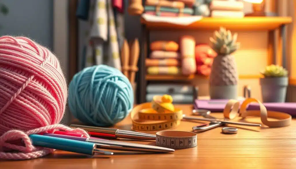 A cozy workspace featuring essential amigurumi tools elegantly arranged on a wooden table. In the foreground, a soft pastel yarn in bright shades of pink, blue, and yellow sits alongside crochet hooks of varying sizes, sparkling scissors, and a measuring tape. The middle ground showcases a beautifully crafted amigurumi creation, such as a cute plush animal peeking just out of frame. In the background, a softly lit shelf displays colorful fabric and a potted succulent, radiating warmth. The lighting is warm and inviting, creating a gentle glow that highlights the textures of the materials. The atmosphere is creative and inspiring, suggesting a perfect setting for crafting and artistic expression. A cozy workspace featuring essential amigurumi tools elegantly arranged on a wooden table. In the foreground, a soft pastel yarn in bright shades of pink, blue, and yellow sits alongside crochet hooks of varying sizes, sparkling scissors, and a measuring tape. The middle ground showcases a beautifully crafted amigurumi creation, such as a cute plush animal peeking just out of frame. In the background, a softly lit shelf displays colorful fabric and a potted succulent, radiating warmth. The lighting is warm and inviting, creating a gentle glow that highlights the textures of the materials. The atmosphere is creative and inspiring, suggesting a perfect setting for crafting and artistic expression.
