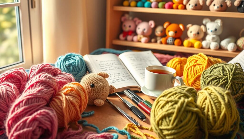 A cozy workspace filled with colorful mix yarns for amigurumi projects. In the foreground, several skeins of vibrant yarns, in shades of pink, blue, yellow, and green, are artfully arranged. A pair of crochet hooks lie beside a half-completed cute amigurumi creature, showcasing an inviting and creative atmosphere. The middle section features an open notebook with handwritten notes and diagrams for modifying patterns, alongside a steaming cup of tea. The background includes a softly lit shelf with more completed amigurumi figures, adding a sense of accomplishment. Warm, natural lighting from a nearby window creates a welcoming ambience, while a slight bokeh effect blurs the background, focusing attention on the yarns and projects, inspiring beginners to experiment with their amigurumi creations. A cozy workspace filled with colorful mix yarns for amigurumi projects. In the foreground, several skeins of vibrant yarns, in shades of pink, blue, yellow, and green, are artfully arranged. A pair of crochet hooks lie beside a half-completed cute amigurumi creature, showcasing an inviting and creative atmosphere. The middle section features an open notebook with handwritten notes and diagrams for modifying patterns, alongside a steaming cup of tea. The background includes a softly lit shelf with more completed amigurumi figures, adding a sense of accomplishment. Warm, natural lighting from a nearby window creates a welcoming ambience, while a slight bokeh effect blurs the background, focusing attention on the yarns and projects, inspiring beginners to experiment with their amigurumi creations.