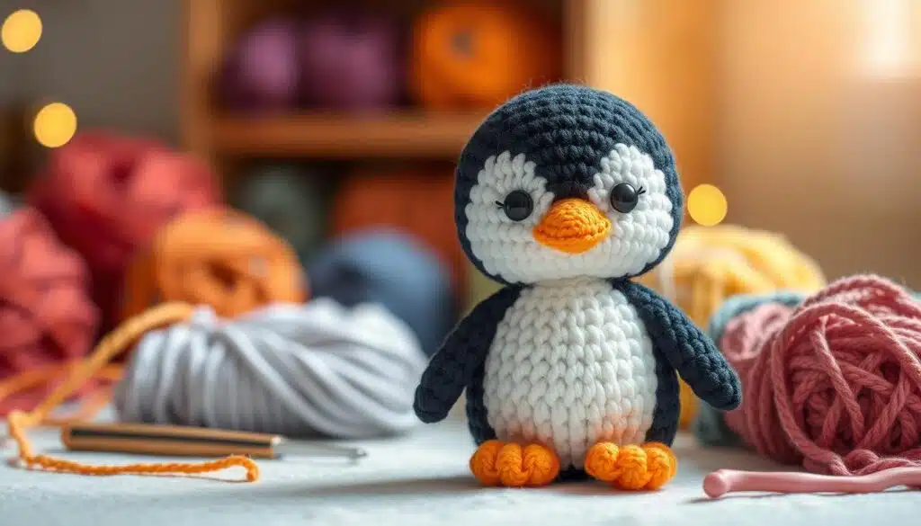A cute, handcrafted penguin amigurumi sits prominently in the foreground, showcasing its intricate knitted details with soft, textured yarn in black, white, and orange. The penguin has a charming expression, with button-like eyes and a small, smiling beak. In the middle ground, a cozy crafting environment is depicted, featuring colorful yarn skeins and a pair of crochet hooks neatly arranged. The background is softly blurred to emphasize the amigurumi, with gentle, warm lighting creating a welcoming atmosphere. A light bokeh effect enhances the mood, evoking a sense of comfort and creativity, ideal for illustrating the joys of easy amigurumi patterns. A cute, handcrafted penguin amigurumi sits prominently in the foreground, showcasing its intricate knitted details with soft, textured yarn in black, white, and orange. The penguin has a charming expression, with button-like eyes and a small, smiling beak. In the middle ground, a cozy crafting environment is depicted, featuring colorful yarn skeins and a pair of crochet hooks neatly arranged. The background is softly blurred to emphasize the amigurumi, with gentle, warm lighting creating a welcoming atmosphere. A light bokeh effect enhances the mood, evoking a sense of comfort and creativity, ideal for illustrating the joys of easy amigurumi patterns.