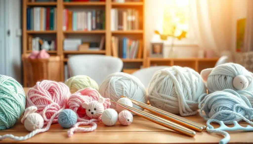 A serene, cozy workspace showcasing an assortment of colorful yarns specifically chosen for baby amigurumi projects. In the foreground, a neatly arranged collection of soft, pastel-colored yarn skeins, including mint green, baby pink, and sky blue, sits on a wooden crafting table. Scattered around are small amigurumi figures—adorable little animals like a teddy bear and a bunny—crafted from this yarn. In the middle ground, a pair of ergonomic crochet hooks glisten softly under warm, diffused lighting, inviting creativity. The background features a softly blurred bookshelf filled with crafting books and a window filtering gentle daylight, creating a warm and inspiring atmosphere. This image radiates a sense of joy and creativity, perfect for crafting enthusiasts. A serene, cozy workspace showcasing an assortment of colorful yarns specifically chosen for baby amigurumi projects. In the foreground, a neatly arranged collection of soft, pastel-colored yarn skeins, including mint green, baby pink, and sky blue, sits on a wooden crafting table. Scattered around are small amigurumi figures—adorable little animals like a teddy bear and a bunny—crafted from this yarn. In the middle ground, a pair of ergonomic crochet hooks glisten softly under warm, diffused lighting, inviting creativity. The background features a softly blurred bookshelf filled with crafting books and a window filtering gentle daylight, creating a warm and inspiring atmosphere. This image radiates a sense of joy and creativity, perfect for crafting enthusiasts.
