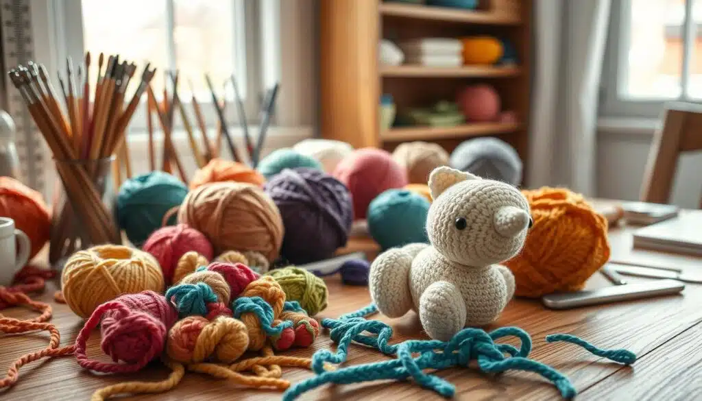 A tidy workspace focused on crochet, featuring a variety of crochet hooks in different sizes displayed neatly on a wooden table. In the foreground, an assortment of colorful yarn balls in vibrant hues sits alongside a partially completed amigurumi project, showcasing the texture and tension of the stitches. The middle ground includes a measuring gauge and a ruler, emphasizing the importance of hook size and tension. In the background, soft, natural light filters through a window, gently illuminating the scene to create a warm and inviting atmosphere. The entire composition should evoke a sense of creativity and craftsmanship, perfect for an engaging article on yarn and amigurumi. A tidy workspace focused on crochet, featuring a variety of crochet hooks in different sizes displayed neatly on a wooden table. In the foreground, an assortment of colorful yarn balls in vibrant hues sits alongside a partially completed amigurumi project, showcasing the texture and tension of the stitches. The middle ground includes a measuring gauge and a ruler, emphasizing the importance of hook size and tension. In the background, soft, natural light filters through a window, gently illuminating the scene to create a warm and inviting atmosphere. The entire composition should evoke a sense of creativity and craftsmanship, perfect for an engaging article on yarn and amigurumi.