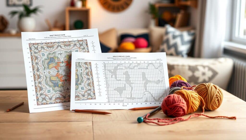 High-contrast knitting charts displayed on a clean, textured wooden table in a well-lit home environment. The foreground features two detailed knitting charts, one colorful and intricate, while the other is simpler in black and white. The middle section showcases knitting needles and vibrant yarn balls in various colors, thoughtfully arranged to complement the charts. The background is softly blurred, featuring a cozy knitting nook with warm lighting, enhancing the inviting atmosphere. The overall mood is creative and focused, radiating warmth and inspiration for colorwork knitting. Use natural lighting to highlight textures, and ensure the image has a balanced composition. High-contrast knitting charts displayed on a clean, textured wooden table in a well-lit home environment. The foreground features two detailed knitting charts, one colorful and intricate, while the other is simpler in black and white. The middle section showcases knitting needles and vibrant yarn balls in various colors, thoughtfully arranged to complement the charts. The background is softly blurred, featuring a cozy knitting nook with warm lighting, enhancing the inviting atmosphere. The overall mood is creative and focused, radiating warmth and inspiration for colorwork knitting. Use natural lighting to highlight textures, and ensure the image has a balanced composition.