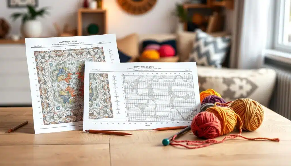 High-contrast knitting charts displayed on a clean, textured wooden table in a well-lit home environment. The foreground features two detailed knitting charts, one colorful and intricate, while the other is simpler in black and white. The middle section showcases knitting needles and vibrant yarn balls in various colors, thoughtfully arranged to complement the charts. The background is softly blurred, featuring a cozy knitting nook with warm lighting, enhancing the inviting atmosphere. The overall mood is creative and focused, radiating warmth and inspiration for colorwork knitting. Use natural lighting to highlight textures, and ensure the image has a balanced composition. High-contrast knitting charts displayed on a clean, textured wooden table in a well-lit home environment. The foreground features two detailed knitting charts, one colorful and intricate, while the other is simpler in black and white. The middle section showcases knitting needles and vibrant yarn balls in various colors, thoughtfully arranged to complement the charts. The background is softly blurred, featuring a cozy knitting nook with warm lighting, enhancing the inviting atmosphere. The overall mood is creative and focused, radiating warmth and inspiration for colorwork knitting. Use natural lighting to highlight textures, and ensure the image has a balanced composition.